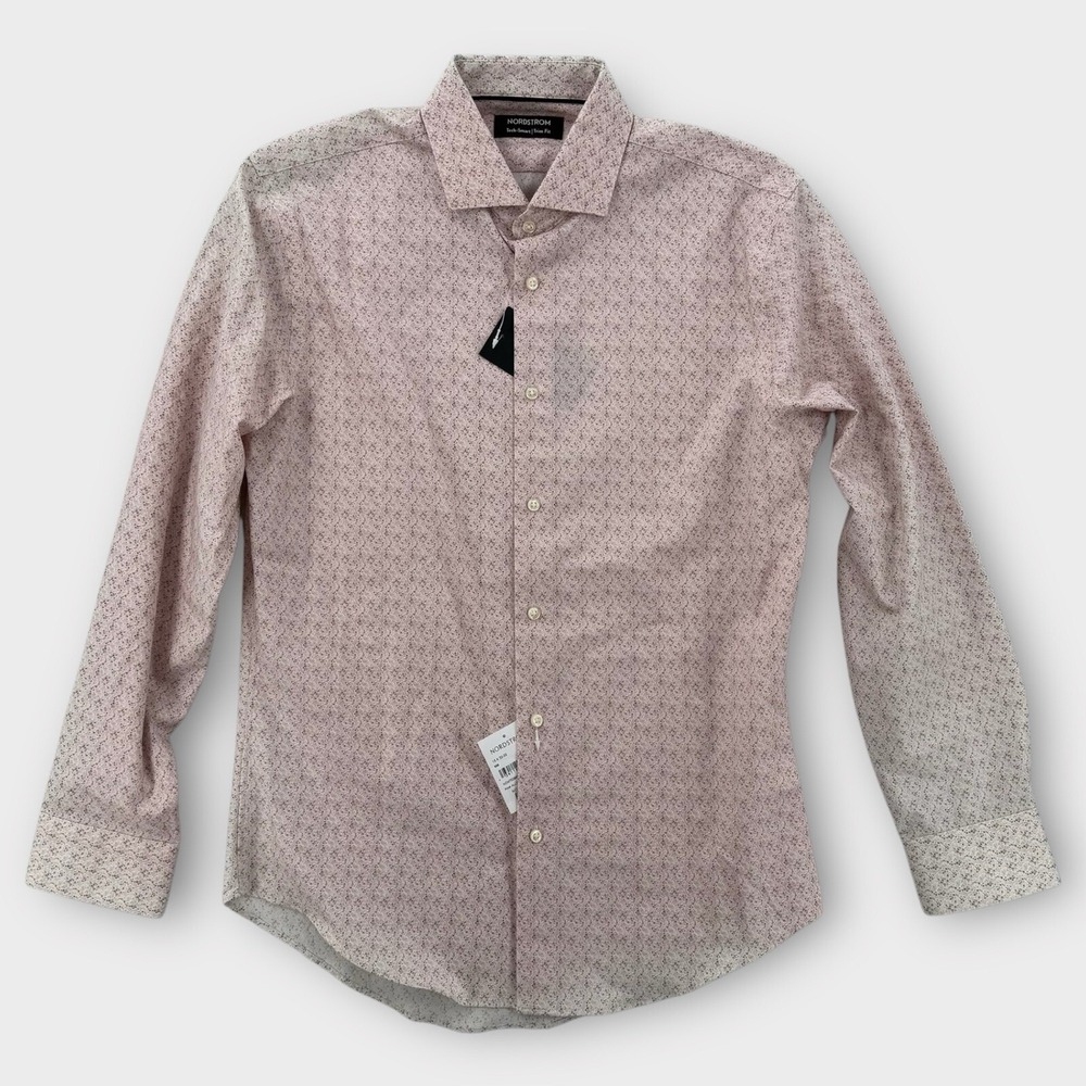 Nordstrom Tech Smart Trim Fit Shirt Mens 15 32-33 Pink AOP Stretch‎ Floral NEW
